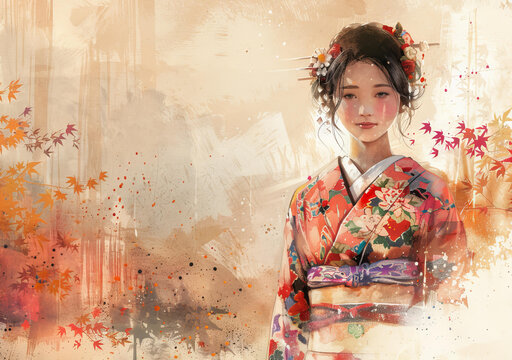 身穿紅色和粉紅色花朵和楓葉發(fā)簪的亞洲婦女穿著和服
