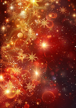 金色雪花和星星在紅色背景上