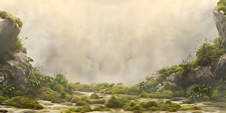 霧氣彌漫的綠色苔蘚景觀背景