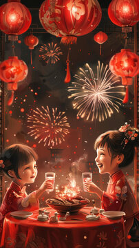 兩個(gè)中國(guó)女孩穿著中國(guó)傳統(tǒng)服裝慶祝中國(guó)新年