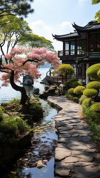 中國傳統(tǒng)庭院湖景住宅
