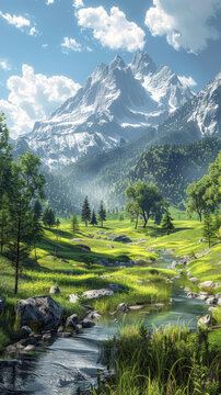 壯美山景，河流與樹木