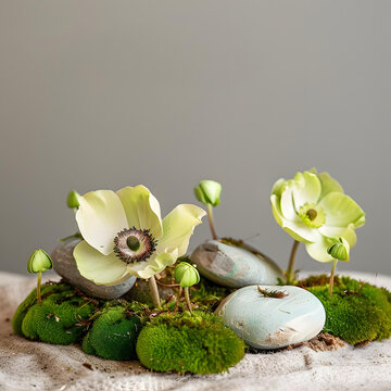 灰色背景上的白色花朵，苔蘚和石頭