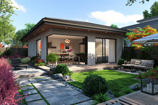 現(xiàn)代后院小屋有大玻璃窗