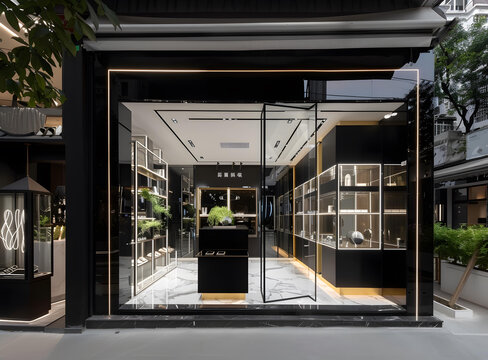 現(xiàn)代黑色和金色玻璃門店面