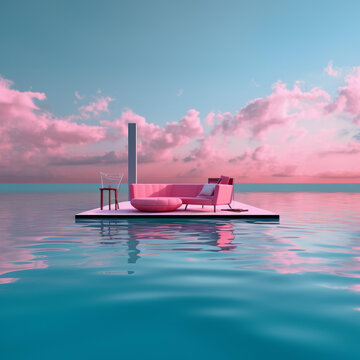 粉色的家具漂浮在水上日落的天空