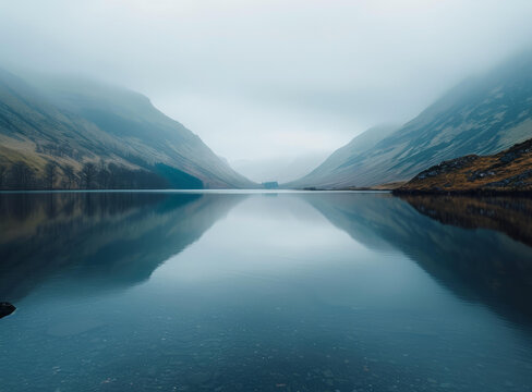 山湖迷霧寧靜景色