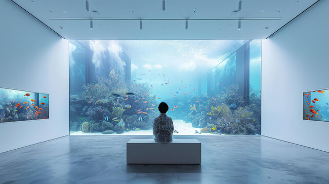 一個女人坐在水族館的長凳上