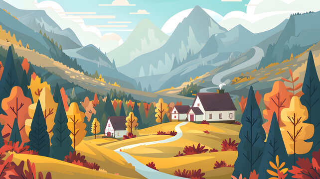 秋日山間小屋與蜿蜒小路風(fēng)景畫