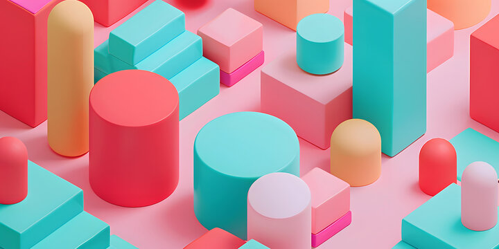 3D渲染幾何圖形背景，粉色藍(lán)色黃色