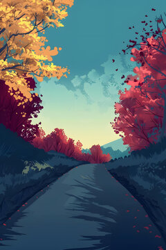 秋天樹木道路風景