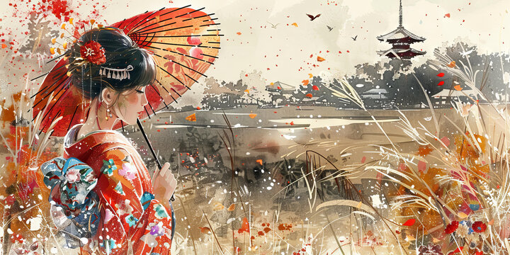 身穿紅色和服撐著傘的女子站在蘆葦蕩中遠(yuǎn)眺寶塔