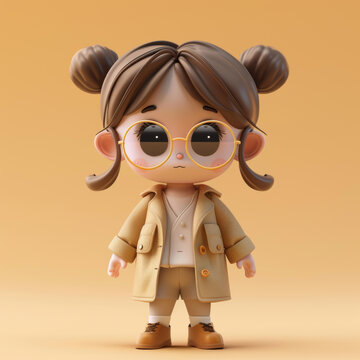 穿著棕色外套戴著眼鏡的可愛3D卡通女孩