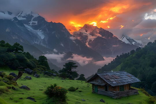 茅草屋坐落在風(fēng)景如畫的山谷中，遠(yuǎn)處是高聳的雪山