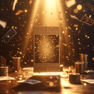 金光閃閃的卡片與發(fā)光的粒子以及灑落的金箔