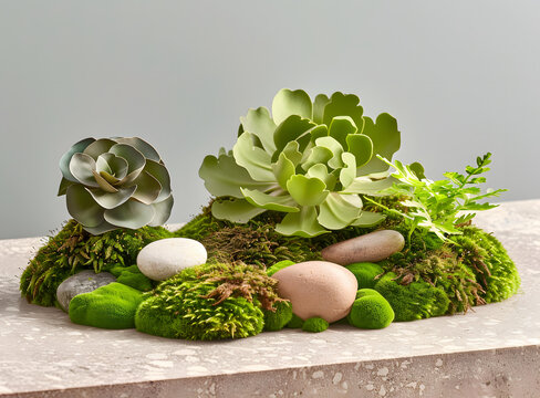 綠色苔蘚和多肉植物搭配石頭的擺設