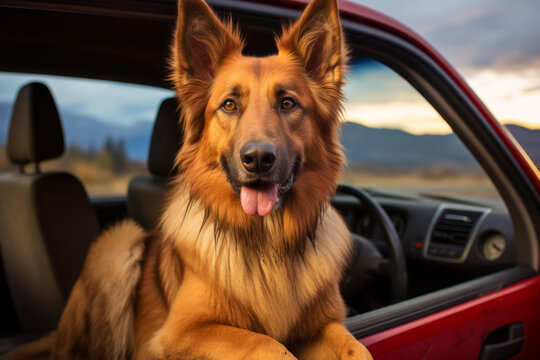 棕色德國牧羊犬坐卡車駕駛座