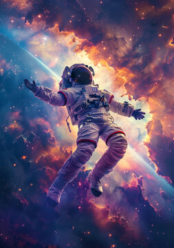 身著白色宇航服的宇航員在浩瀚的宇宙中飄浮