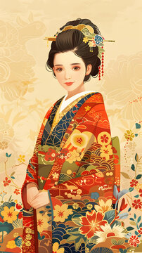 身穿花卉圖案和服的美麗日本女性