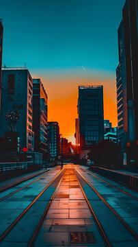 城市街景，軌道通往夕陽