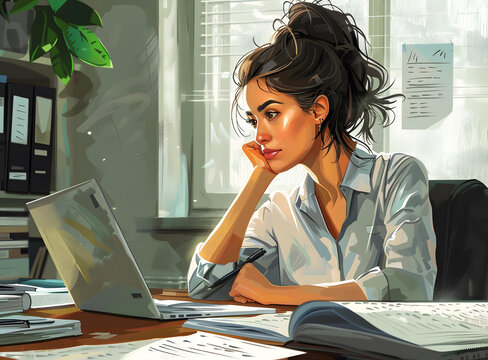 一位若有所思的年輕女子坐在辦公桌前，凝視著窗外。