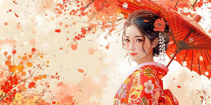 身穿和服撐著紅雨傘的美麗日本女子站在櫻花樹下