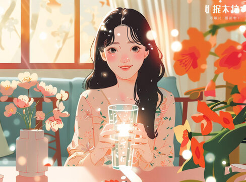 一個(gè)女孩在陽(yáng)光下喝水