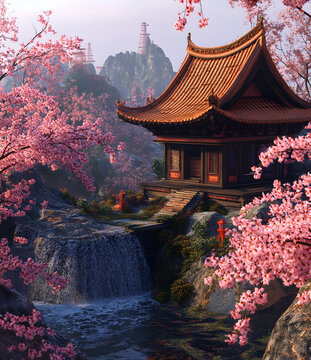 山間櫻花盛開的傳統(tǒng)中式寺廟