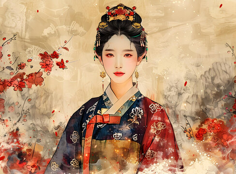 身穿韓國(guó)傳統(tǒng)服飾的年輕女子肖像