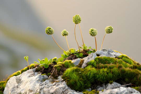 巖石上的綠色苔蘚和白色小花