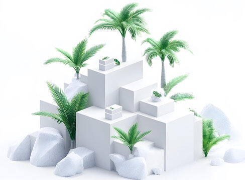 簡(jiǎn)約白色背景上的棕櫚樹(shù)和白色立方體 3D 渲染