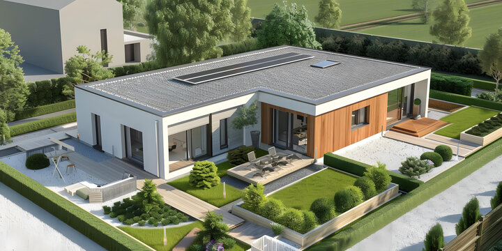 現(xiàn)代住宅帶有太陽(yáng)能電池板和露臺(tái)