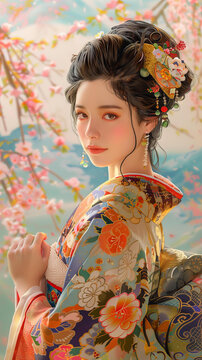 一個穿著和服的亞洲婦女，背景是櫻花