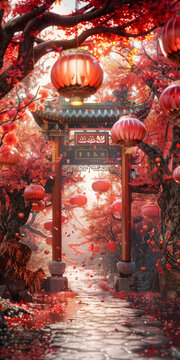 紅彤彤的中國庭院紅燈籠和紅楓樹