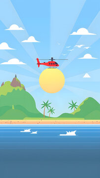 熱帶島嶼上空飛行的直升機(jī)
