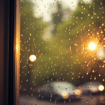 雨滴落在窗玻璃上模糊了街道的景色