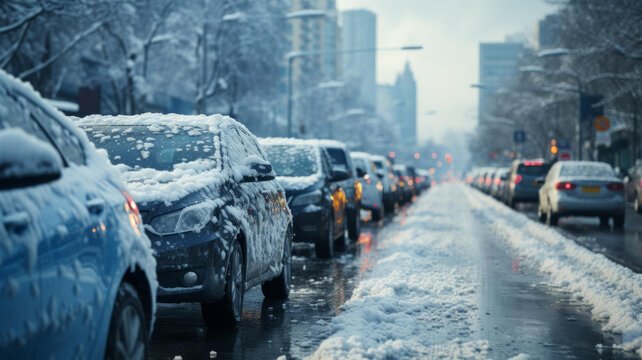 城市街道上停放的積雪汽車
