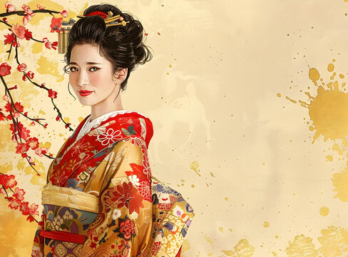 一個穿著和服的美麗日本女人站在櫻花樹前