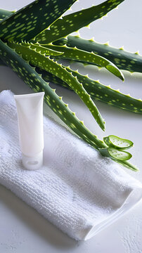蘆薈植物和白色毛巾上的乳霜管