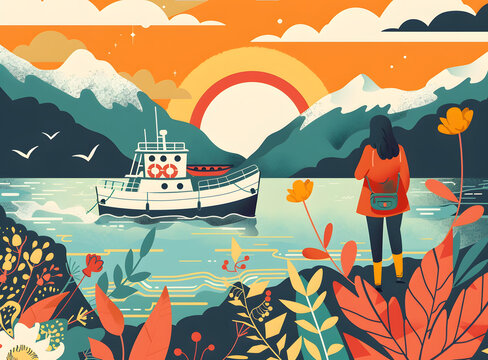 山間夕照，女子觀船出海