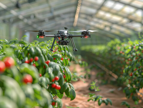 無人機飛過溫室里成排的西紅柿植株
