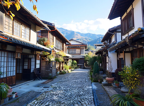 日本傳統(tǒng)村莊的鵝卵石街道，山景