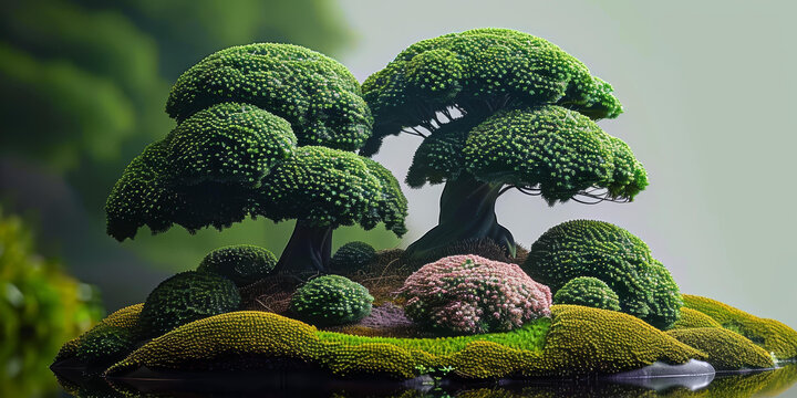 神奇的青苔覆蓋的島嶼與微型樹木