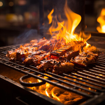 火焰烤架上的烤肉