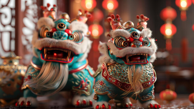 青綠色的中國(guó)石獅子