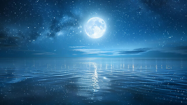 一輪明月從平靜的海面上升起夜空中繁星點(diǎn)點(diǎn)