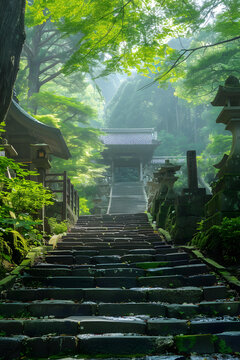 通往森林中日本寺廟的石階