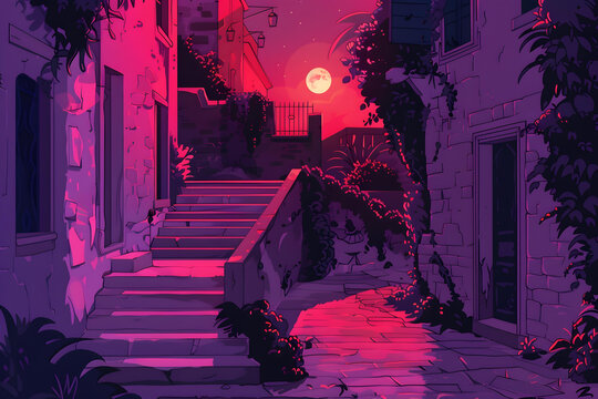 夜晚的街道場景，月色和粉色燈光