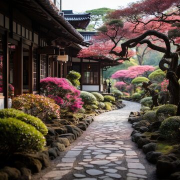 日式庭院的石板小路兩旁種植著櫻花和杜鵑花