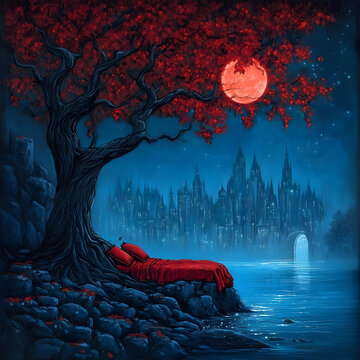 紅色月亮下的夜城景觀
